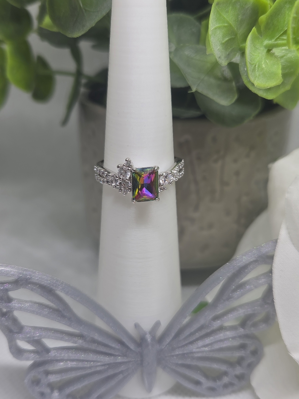BP Mystic Aurora Cz Ring With Side Accents On Rhodium Plating